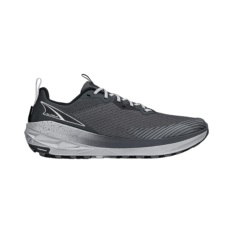 Altra men's black and grey trail running shoe designed for comfort and performance.