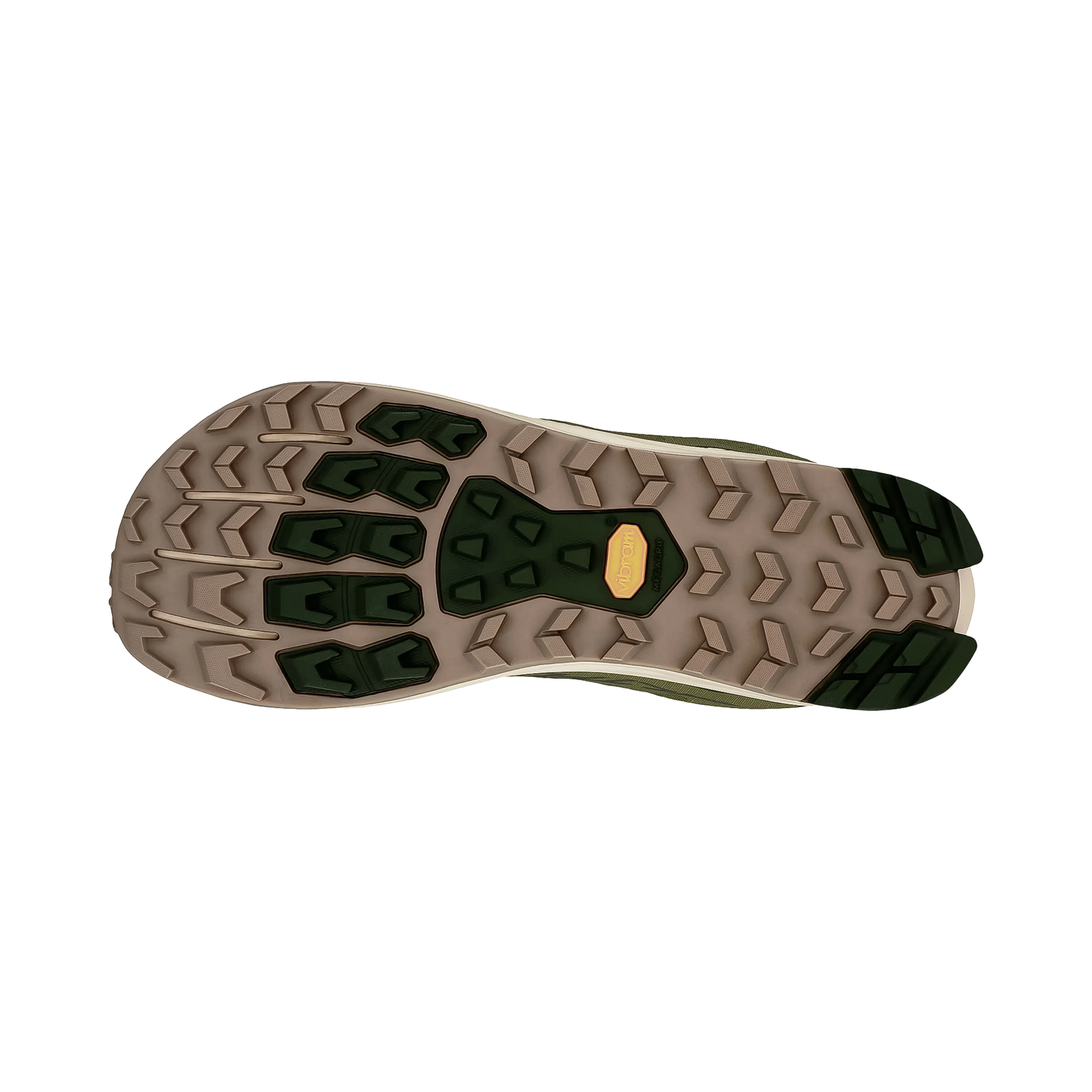 Green and brown sole of Altra Lone Peak 9+ in green showcasing its durable design for trail running and hiking performance.