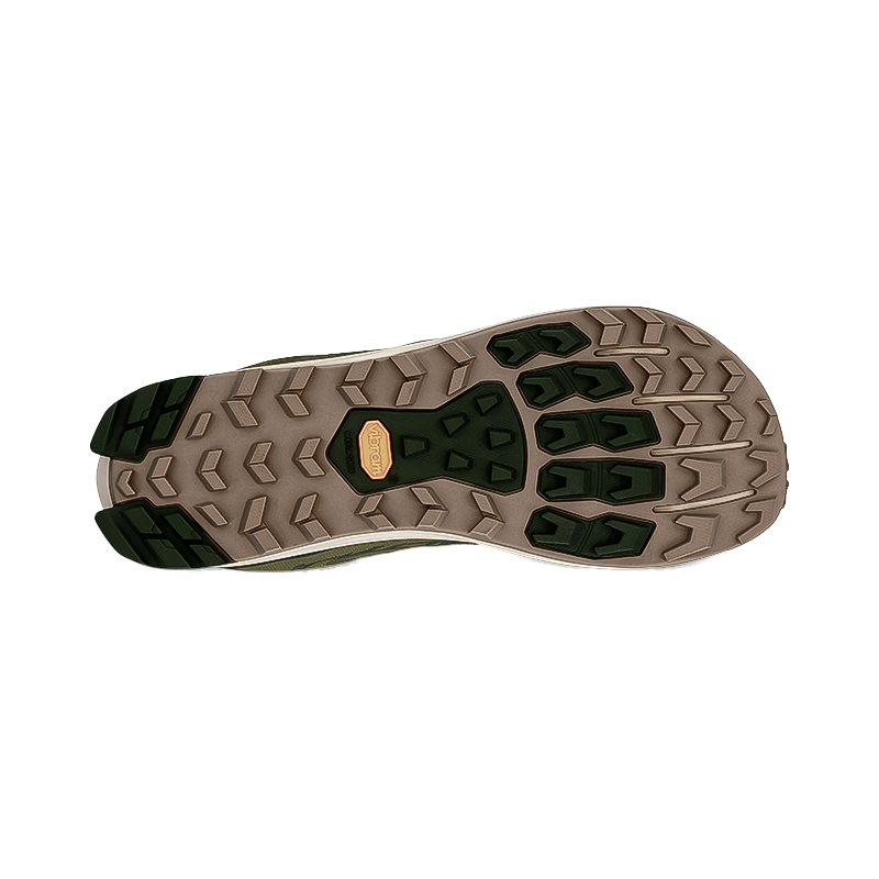 Olive green sole of the Altra Lone Peak 9+ hiking shoe with Vibram Megagrip for traction.