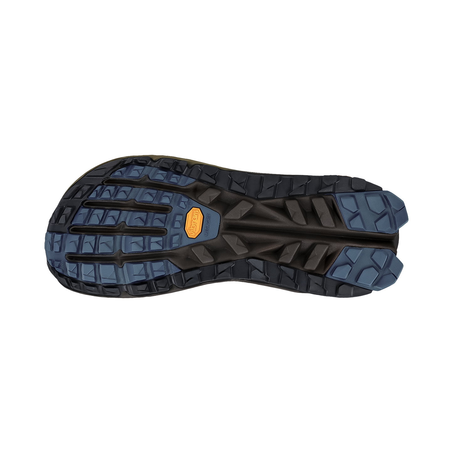 Black and blue shoe sole of Altra Olympus 6, featuring a rugged design for optimal traction on various terrains.