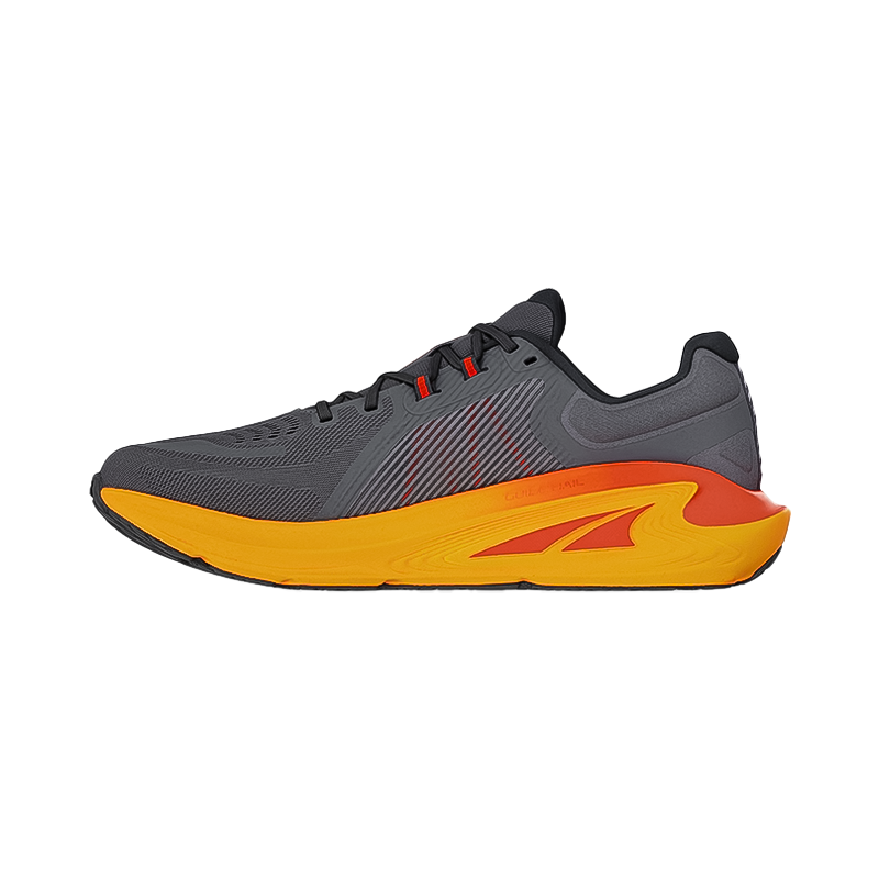 Altra Paradigm 7 men's running shoe in gray and orange offers breathable mesh, snug fit, cushioned comfort, and innovative support.