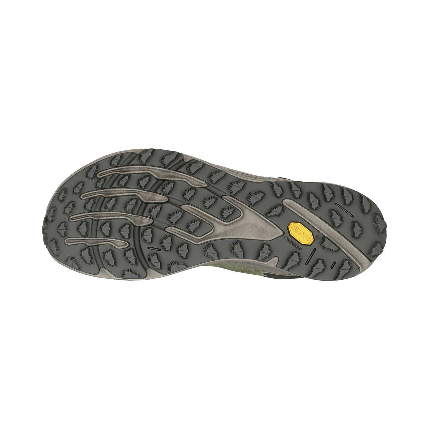 Altra Timp 6 trail running shoe in green and grey, featuring a cushioned midsole and Vibram outsole for traction.