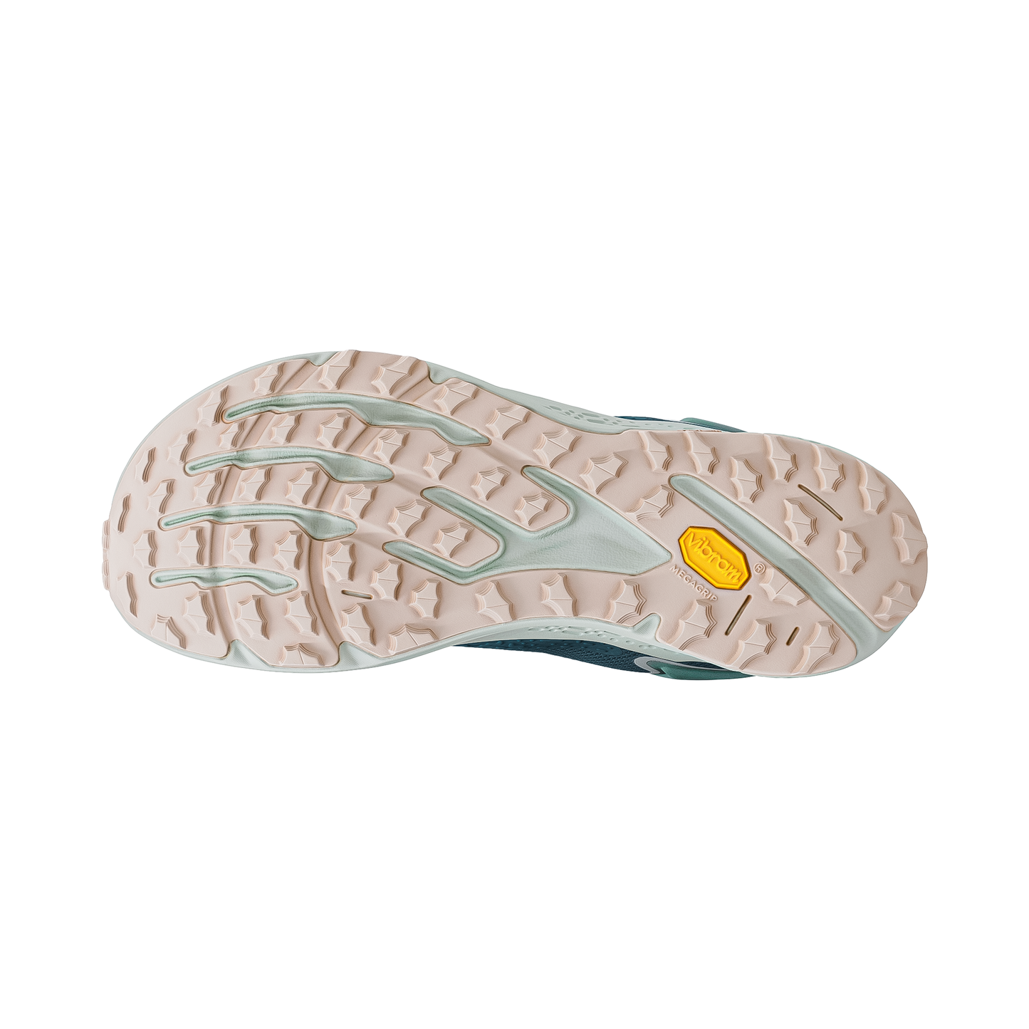 Trail running shoes by Altra in blue, mint green, and pink, highlighting a FootShape fit and Vibram outsole for enhanced performance.