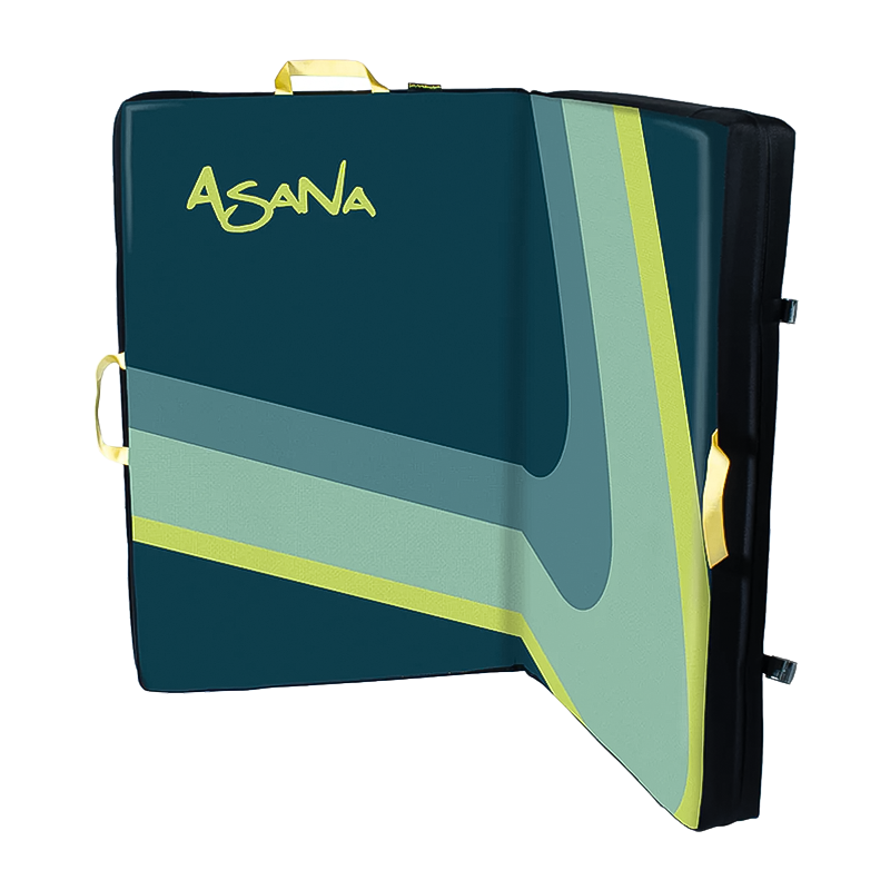 Blue green bouldering crash pad with the word "Asana" printed on it, showcasing its durable design and climbing features.