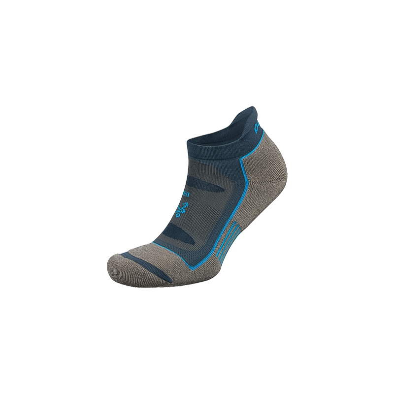 Men's grey and blue running sock with moisture-wicking fabric to prevent blisters.