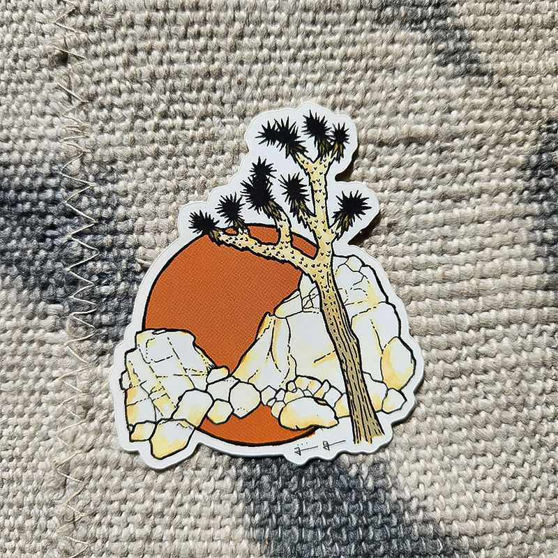 Joshua Tree sticker featuring a desert landscape, perfect for personalizing gear with vibrant, weather-resistant colors.