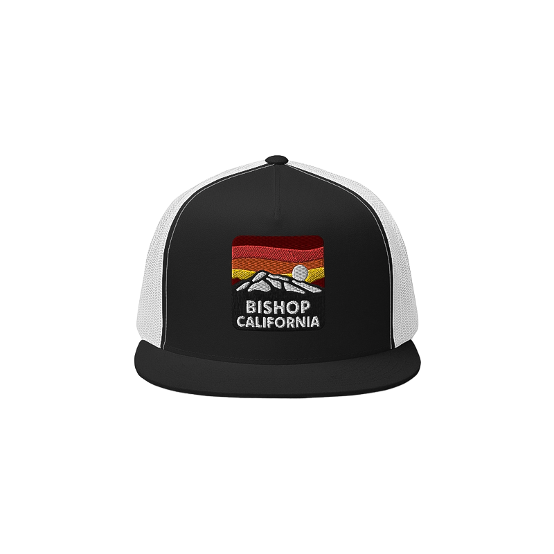 Trendy California black and white trucker hat with an adjustable fit, ideal for outdoor adventures and casual wear.