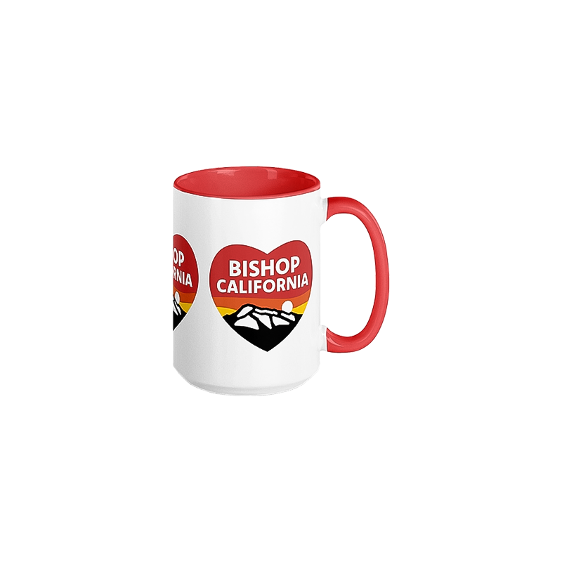Bishop California Heart Mug featuring a glossy white finish with red handle and vibrant heart design, perfect for coffee or tea lovers.