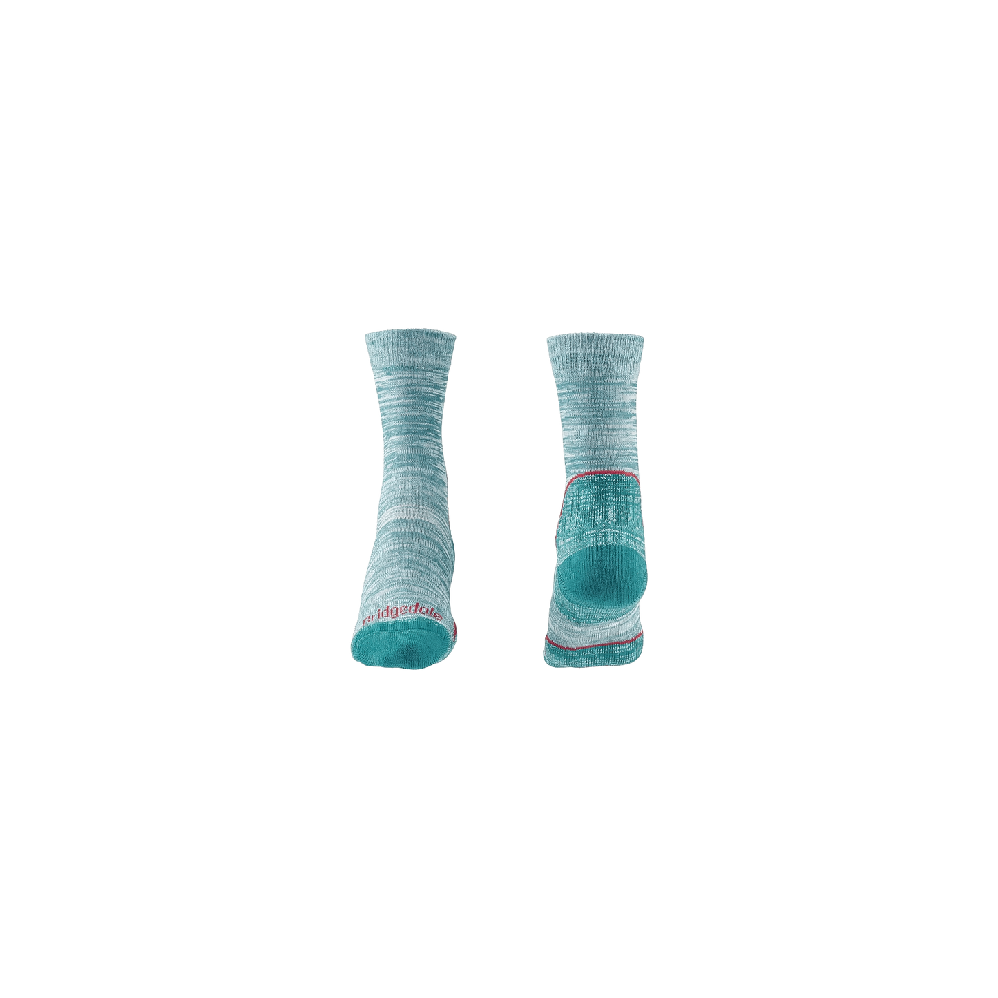 Women's teal hiking socks on a white background, showcasing Coolmax technology for breathability and comfort in warm conditions.