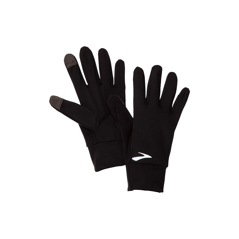A pair of black gloves featuring a logo on the wrist, designed for warmth and tech compatibility during outdoor activities.