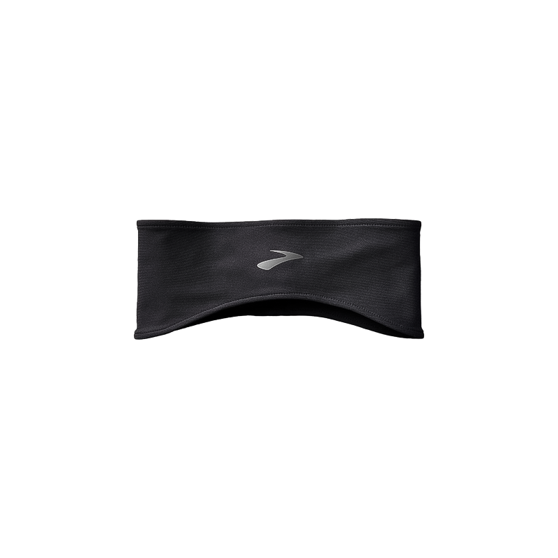 Black headband with a the Brooks logo designed for warmth during cold-weather activities.