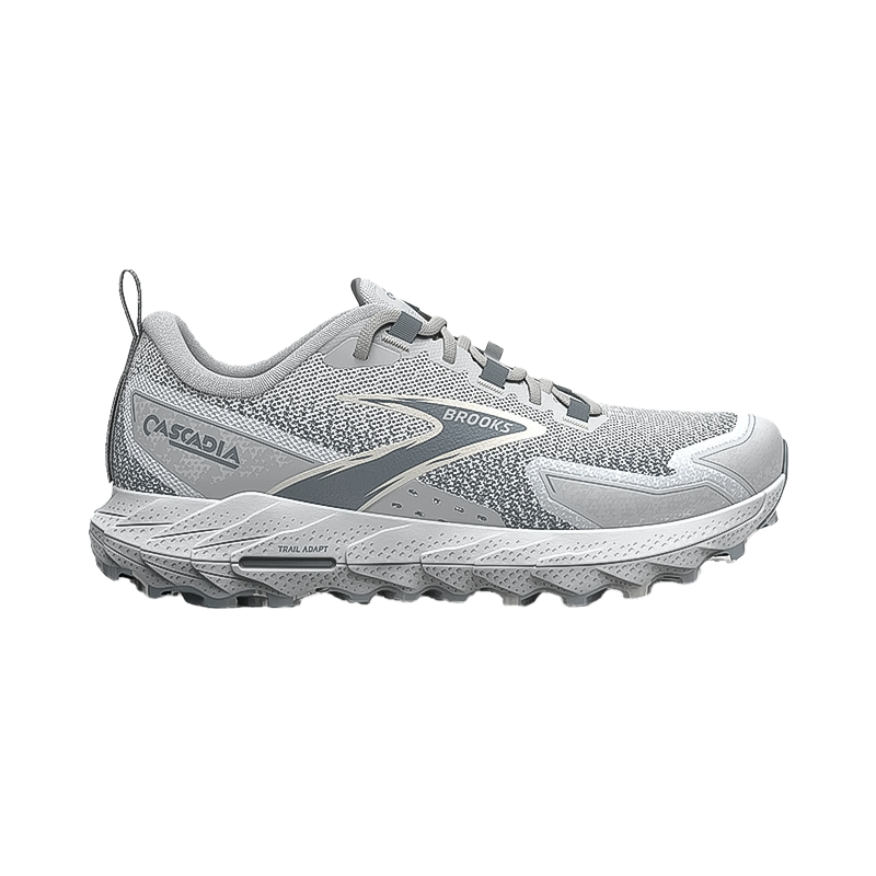 Trail-ready gray Brooks Women's Cascadia 18 shoes offer stability, comfort, and grip for off-road adventures.