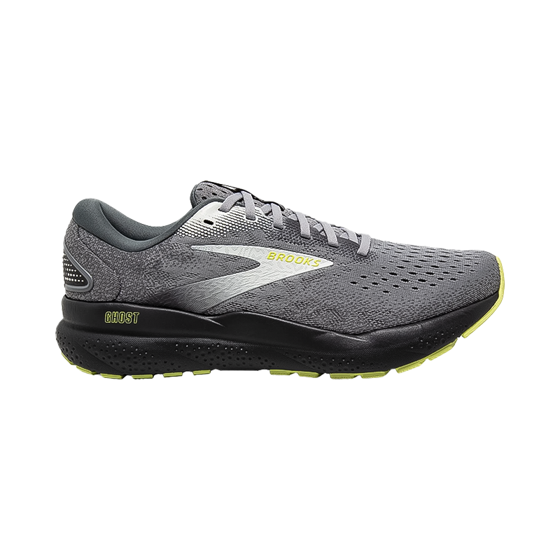 Gray Brooks Men's Ghost 16 running shoe with soft cushioning and breathable upper.