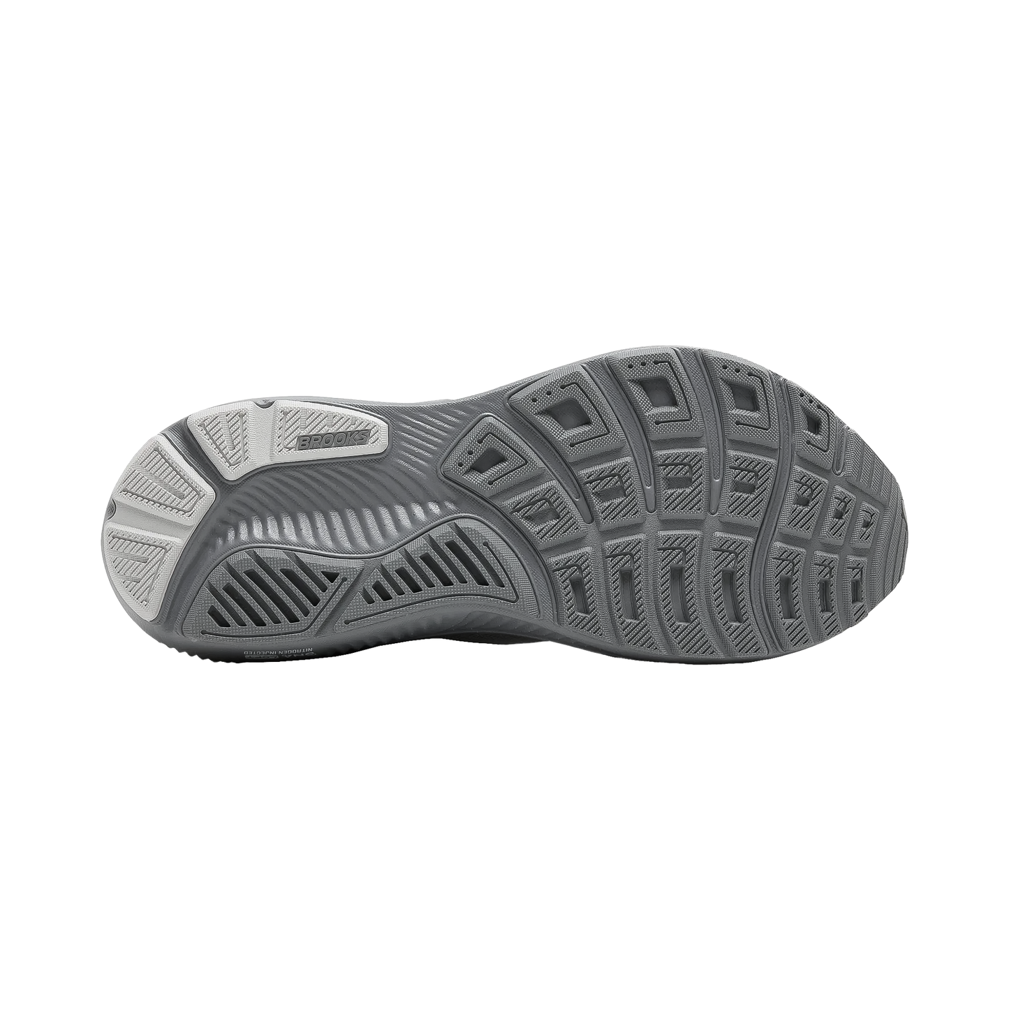 Grey running shoe sole showcasing cushioning technology and tread pattern for optimal road performance.