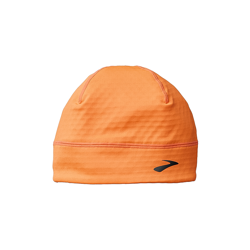 Orange Brooks Notch Thermal Beanie 2.0 with black logo for warmth and visibility in cold weather.