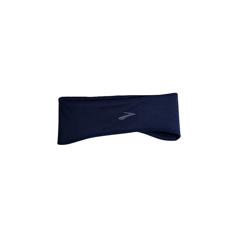 Navy Brooks headband with logo, designed for warmth during cold workouts.