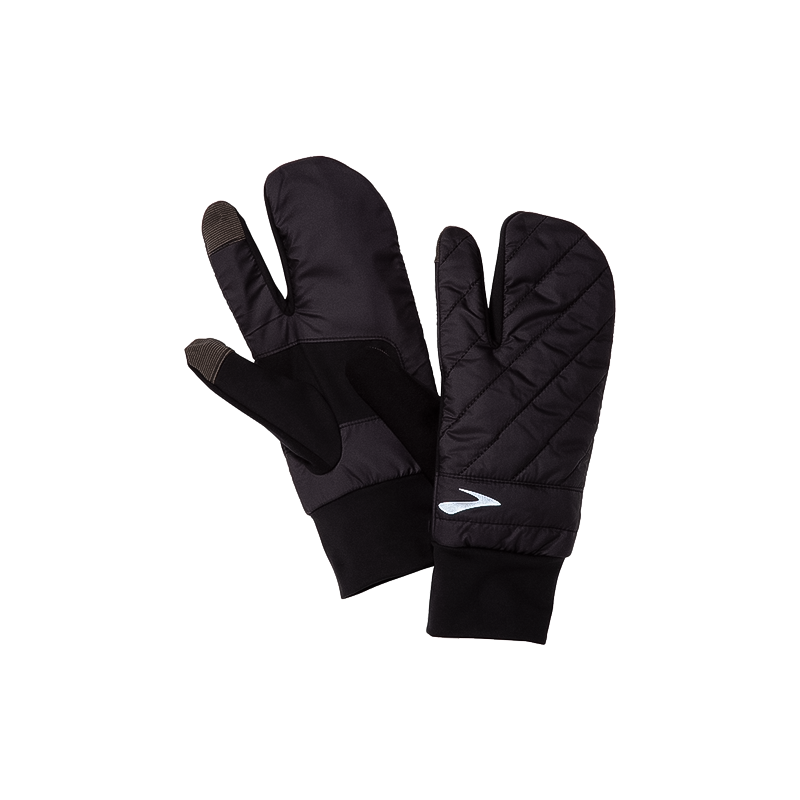 Black gloves with a white logo, designed for warmth and flexibility in cold weather.