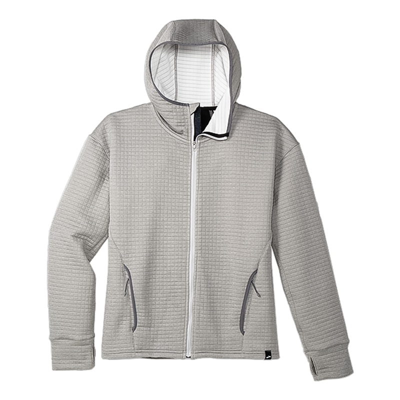 Grey Brooks women's hoodie, great for workouts and casual wear, with zip pockets and thumb holes.
