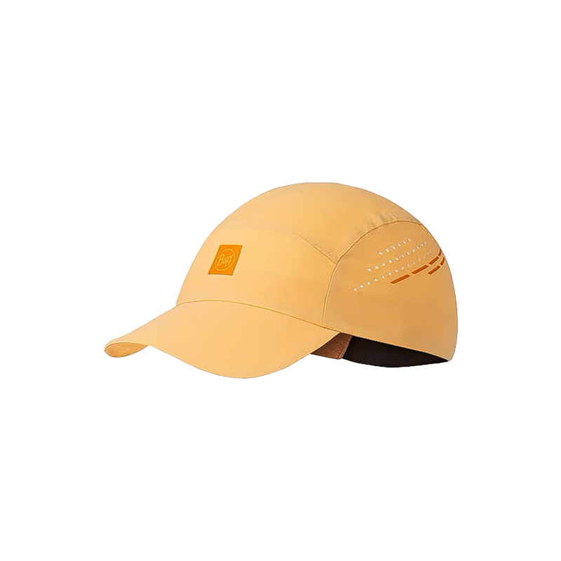 Orange Buff cap with logo, offering UPF 50 protection and made from recycled materials.