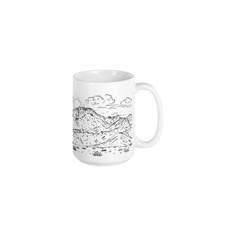 A ceramic mug with a mountain and cloud design, perfect for hot beverages.