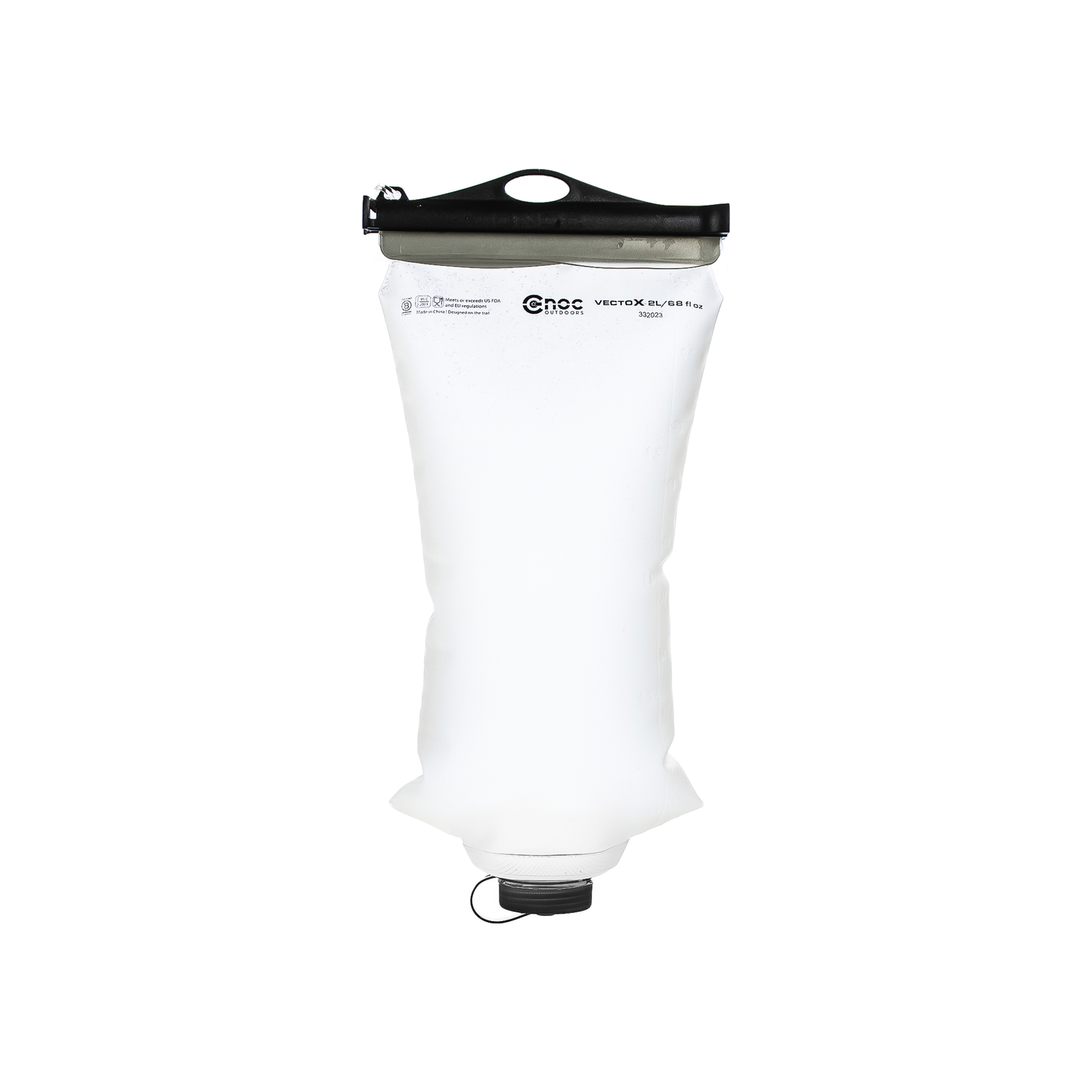 A clear collapsible water container with a black handle, designed for hiking and outdoor adventures, showcasing its ultralight features.