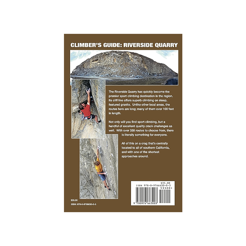 Back cover of "The Climber's Guide: Riverside Quarry" by Louie Anderson, featuring key climbing info and visuals.