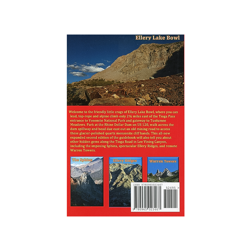 Back cover of a climbing guidebook for Ellery Lake Bowl, featuring routes and tips for California climbers.