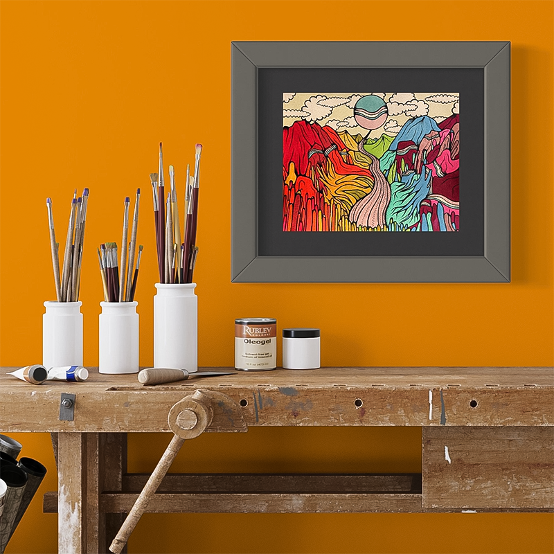 Whimsical psychedelic painting of a colorful landscape with stylized mountains and a circular sun or moon.