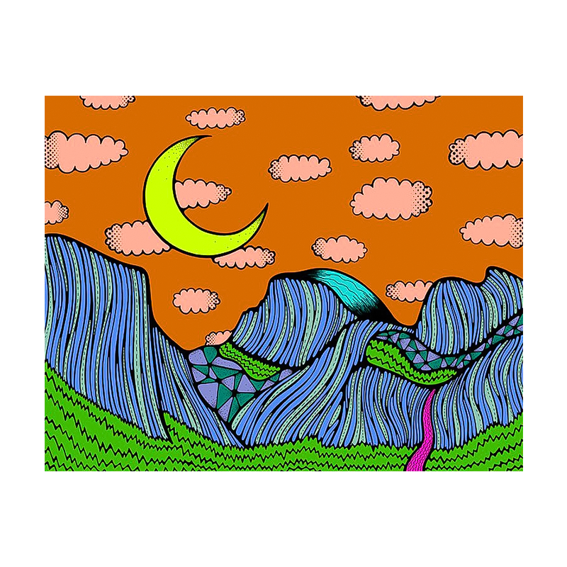 Colorful painting of Yosemite's Half Dome under a moon in a metallic finish.