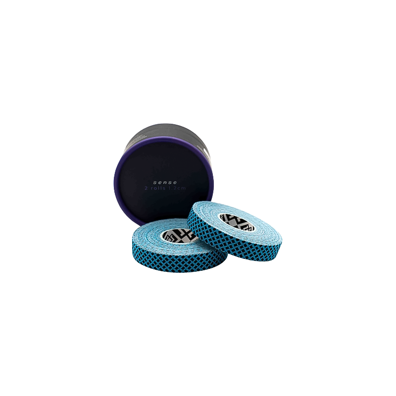 Blue and black climbing tape rolls in a black container, designed for sensitive finger protection during bouldering.