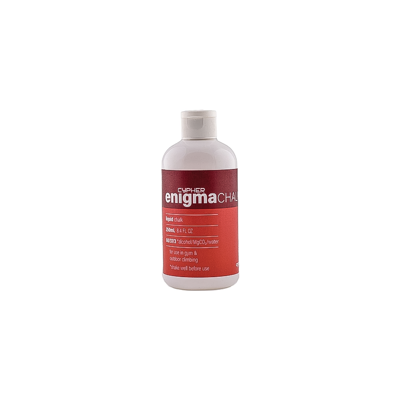 A 250ml bottle of Enigma liquid chalk on a white background.