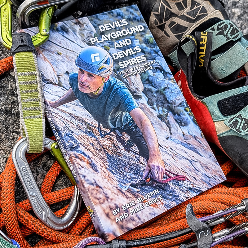 Devil's Playground and Spires guidebook cover, highlighting 625 climbing routes and maps.