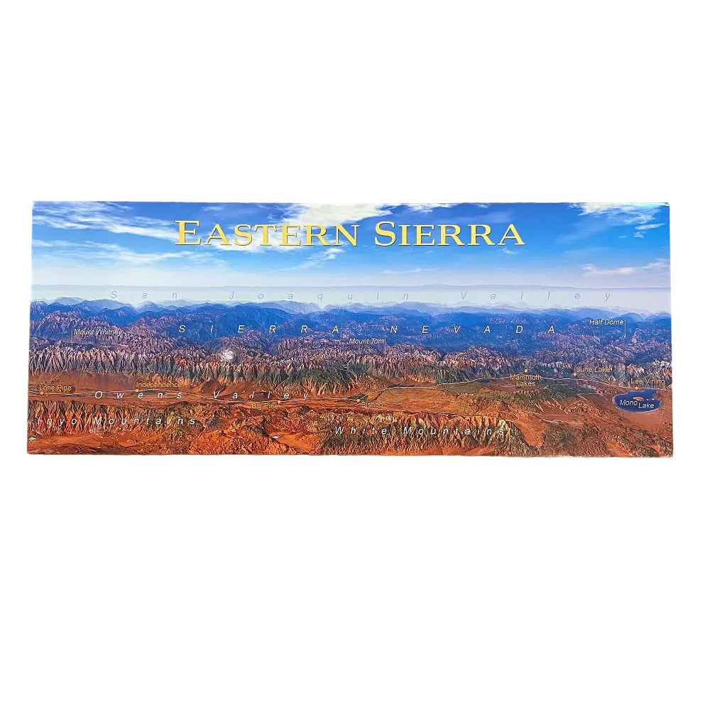 Poster of the Eastern Sierra landscape with mountains and blue sky on a blank background.