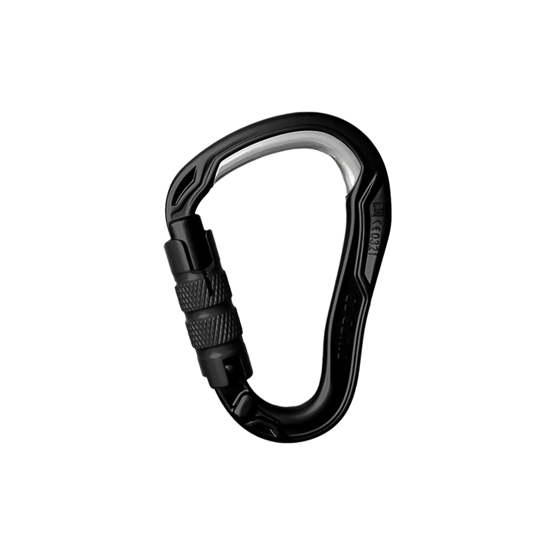 Black Edelrid HMS Bulletproof Triple carabiner with a metal hook, designed for climbing and high-abrasion anchors.