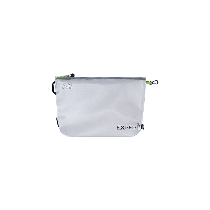 Clear organizer pouch with a zipper, ideal for travel essentials; features weatherproof design and attachment points for convenience.