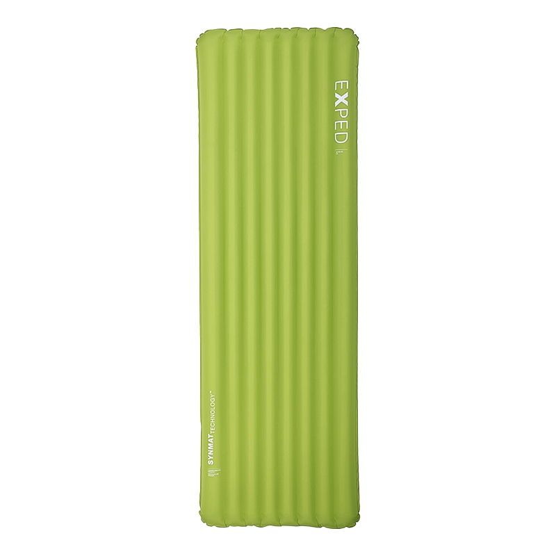Green 5R long wide inflatable sleeping pad on a white background, perfect for hiking warmth.