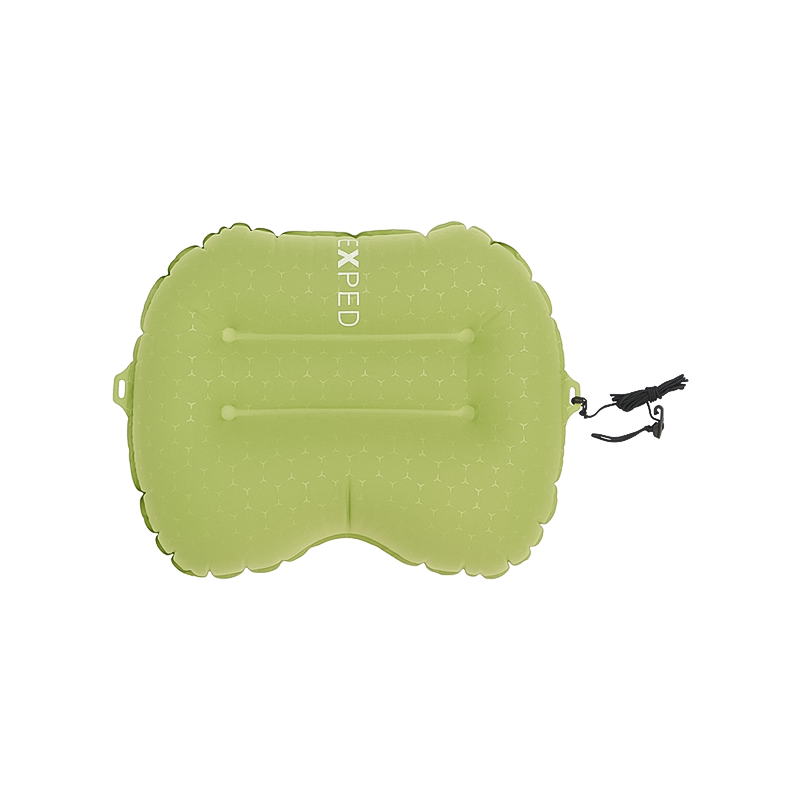 Green Exped Ultra Pillow displayed on a white background, featuring an anatomical design for secure head support while sleeping.