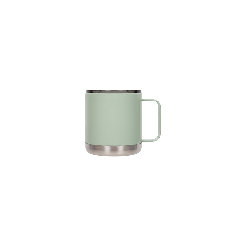 Green camp mug with a black handle and silver rim, designed for hot or cold drinks during outdoor adventures.
