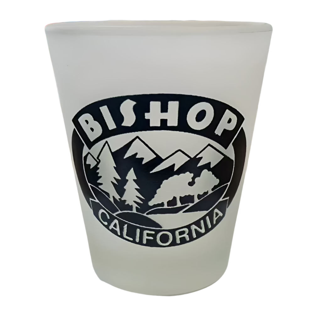 Bishop California Shot Glass. White Shot Glass with Bishop, CA Logo