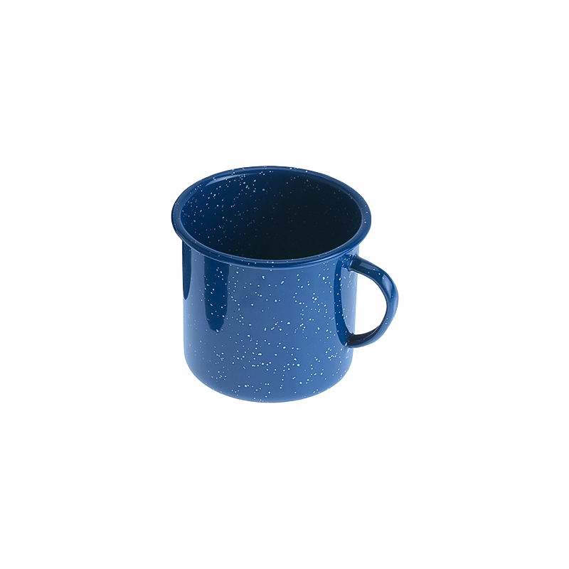 Blue enamel mug on a white background, ideal for campfire drinks, lightweight and chip-resistant for outdoor use.