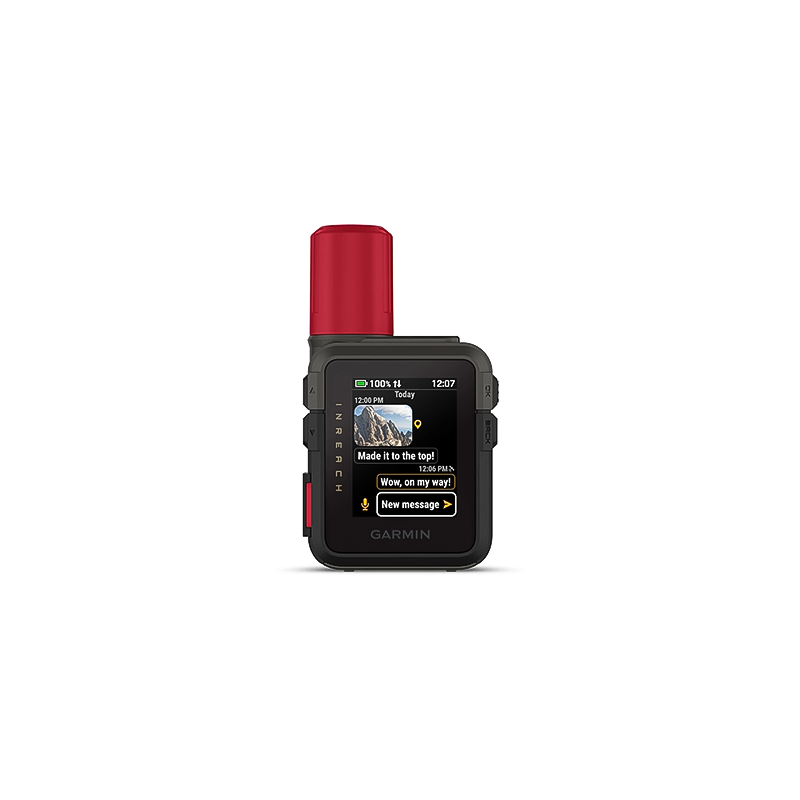 Small black and red Garmin inReach Mini 3 Plus satellite communicator with a camera, designed for outdoor adventures.