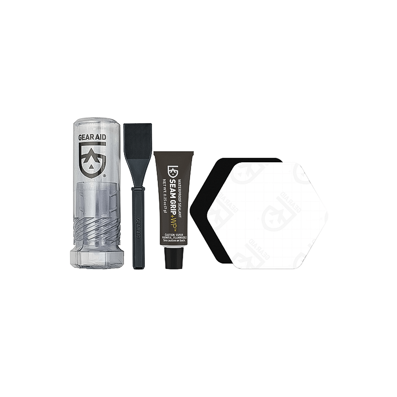Gear Aid Seam Grip WP Field Repair Kit for outdoor gear with sealant, brush, and patches.