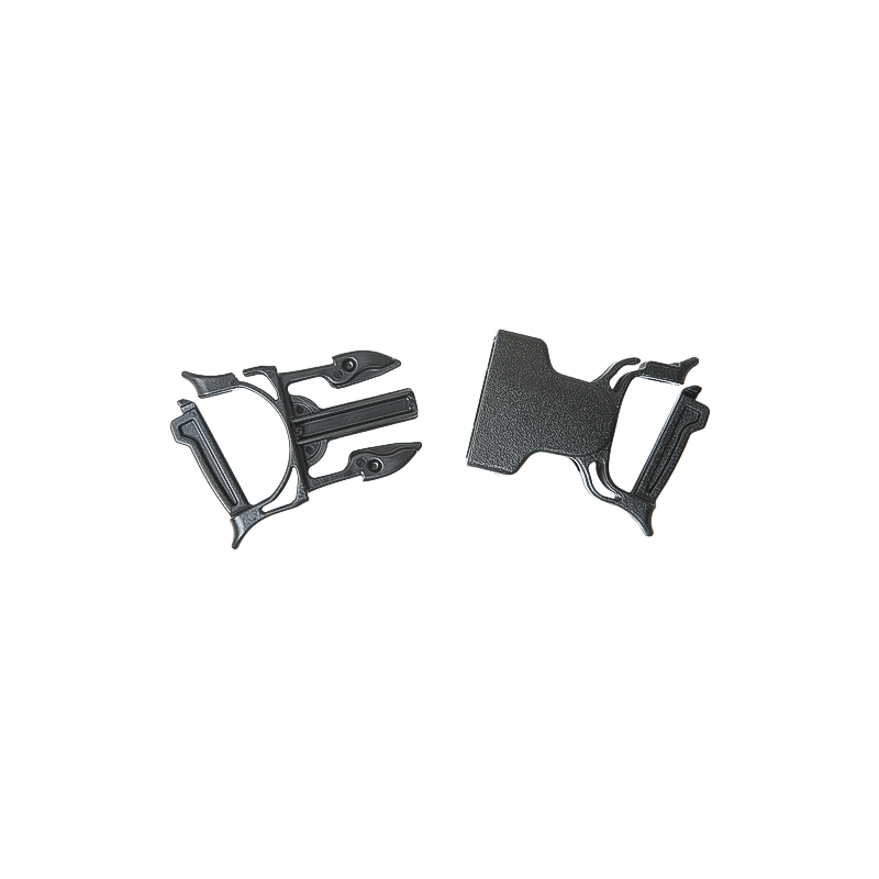 Two black Gear Aid plastic clips on a white background for easy buckle replacements on gear.
