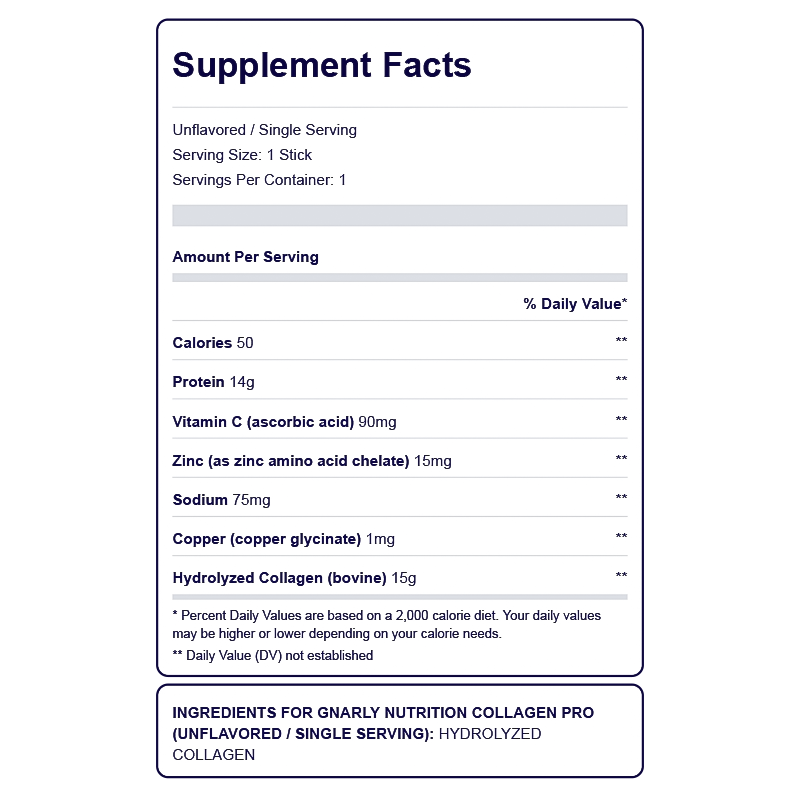 Supplement facts for Gnarly Collagen Pro, detailing ingredients and benefits for joint and connective tissue health.