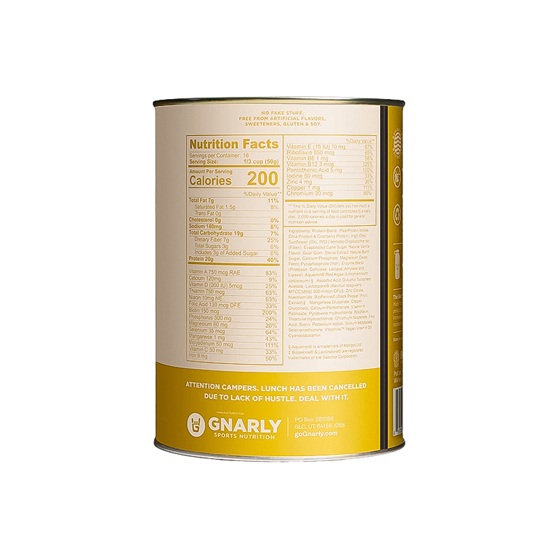A can of vanilla Gnarly Vegan protein powder nutrition facts on a white background, featuring a blend of plant-based proteins for active lifestyles.