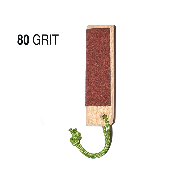 Wooden skin file labeled "80 grit," designed for climbers to smooth calluses and rough skin after climbing sessions.