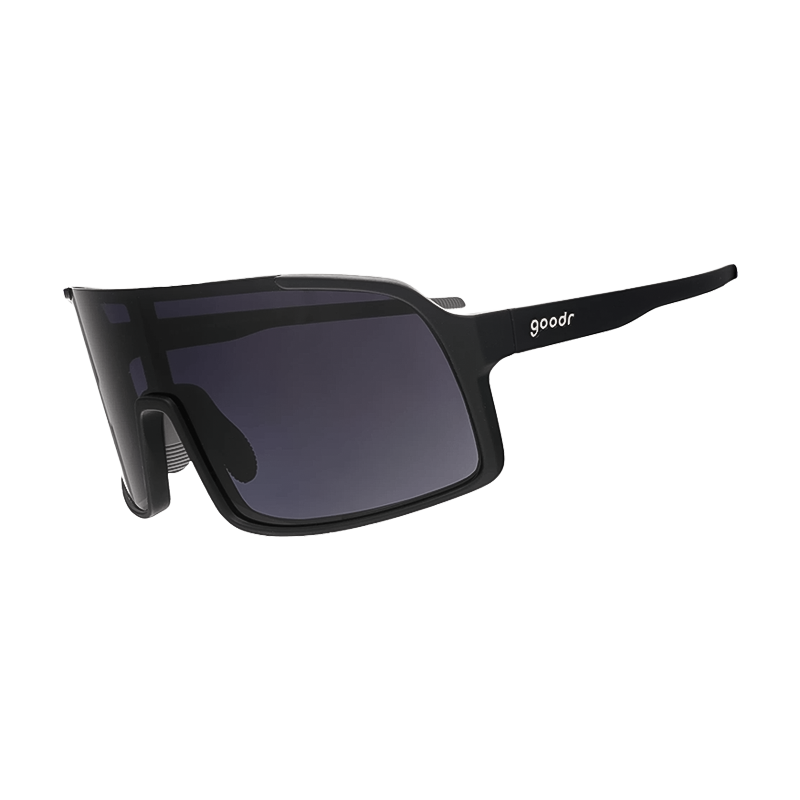 Black-framed Goodr Astro G polarized sunglasses for athletes.