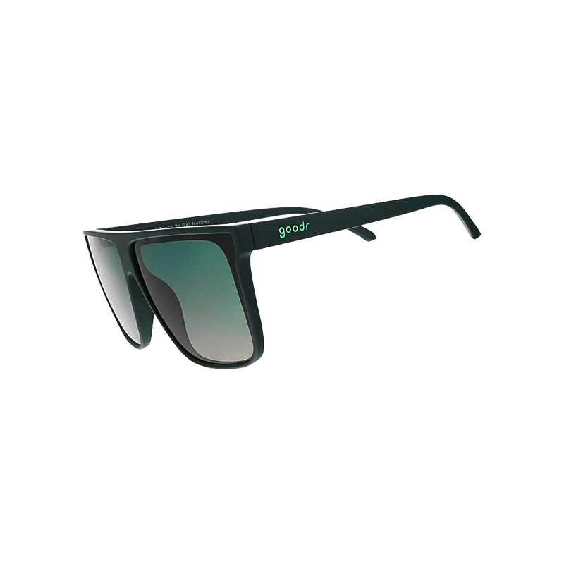 Trendy green-lensed flat-top Goodr Gly G sunglasses for outdoor enthusiasts.