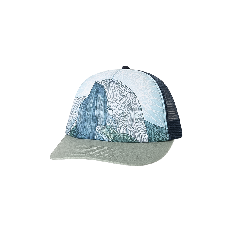 Stylish trucker hat with an illustration of Yosemite's Half Dome, created by artist Lizzy Dalton in green.