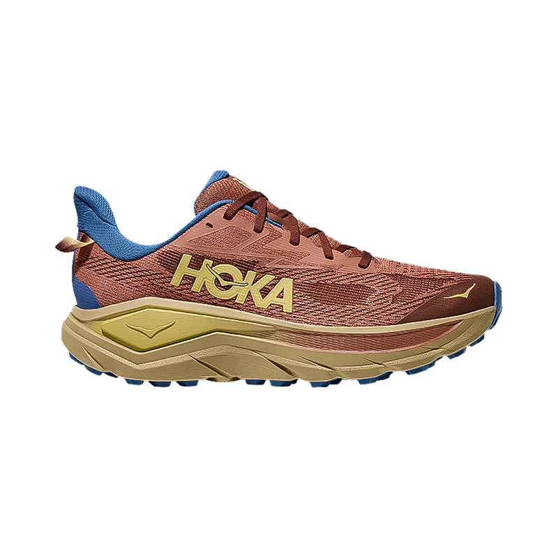 Men's Hoka Challenger 8 shoes in brown, blue, and yellow trail runners with cushioning and traction lugs for mixed terrain.